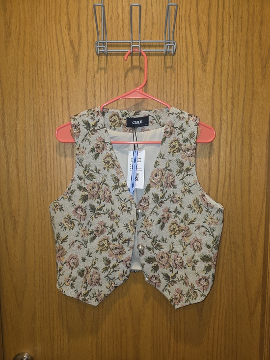 Cider Jackets & Blazers - Cider Rose-Print Tapestry Vest in Beige and Pink